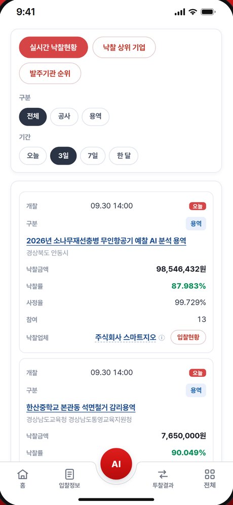 실시간 낙찰현황 화면